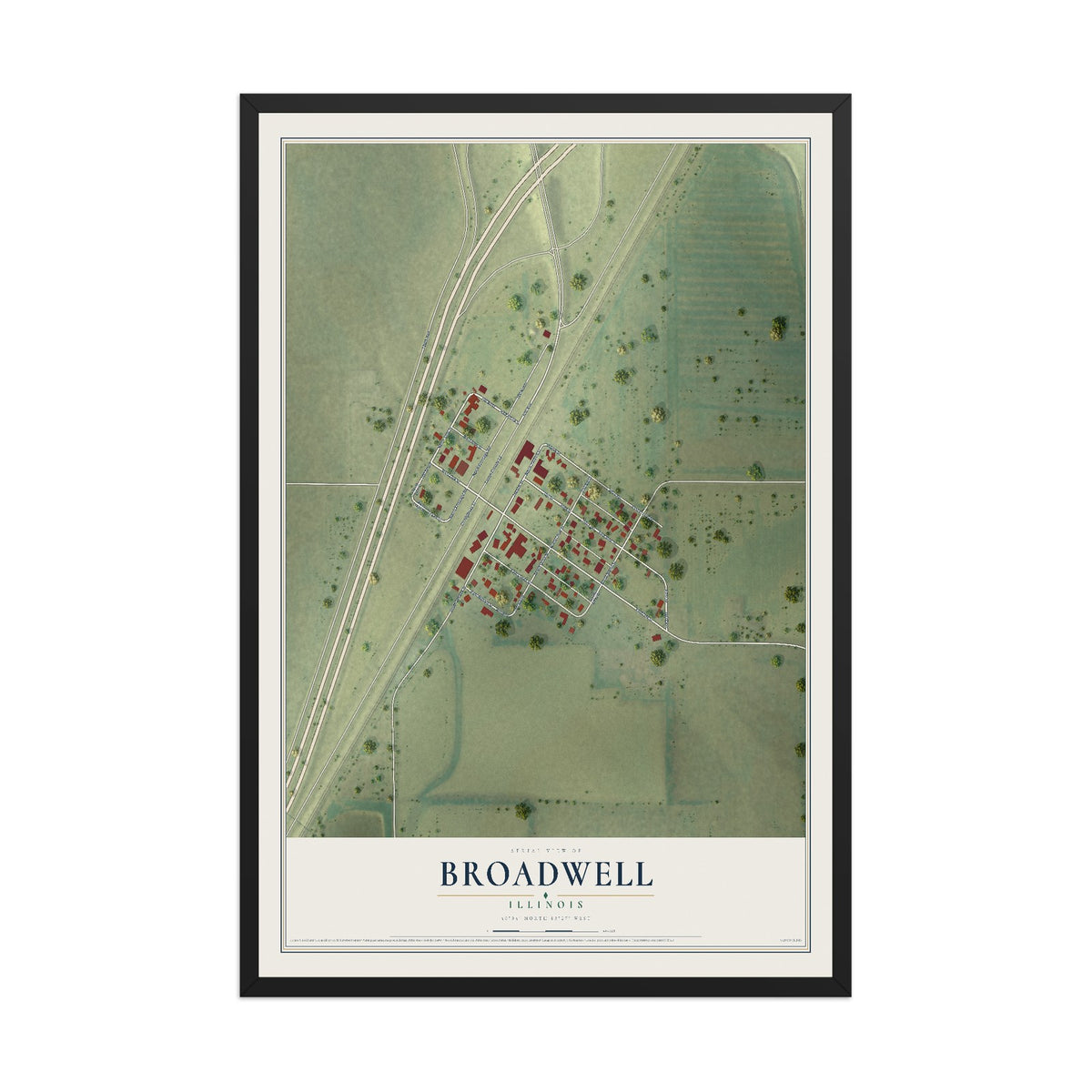 Map of Broadwell, Illinois, 12 x 18 inch print in a black wood frame