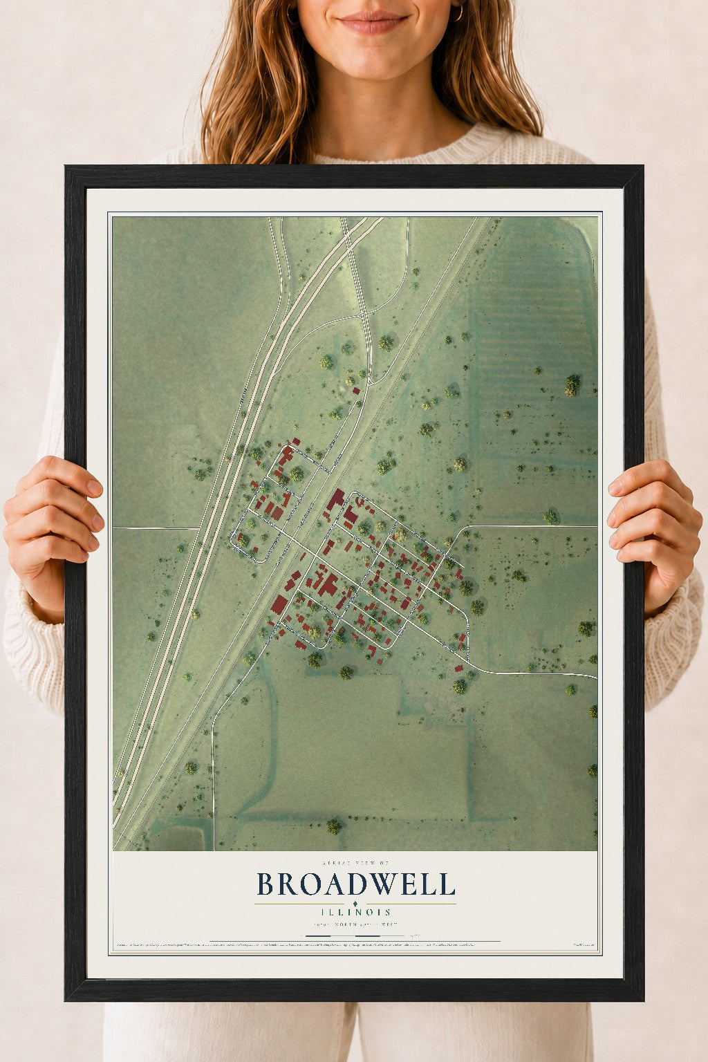 Map of Broadwell, Illinois, 18 x 24 inch print in a black wood frame