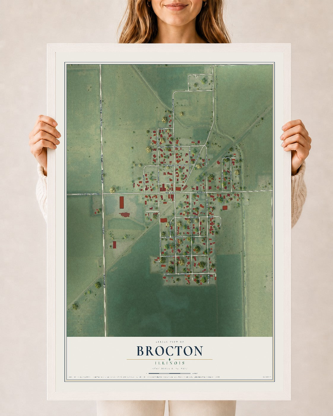 Map of Brocton, Illinois, 24 x 36 inch print in a white wood frame