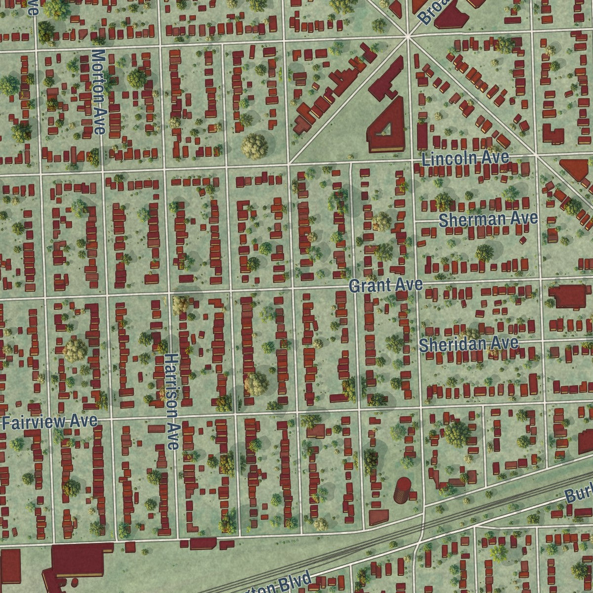 Second close-up of the map of Brookfield, Illinois print showing more streets and buildings