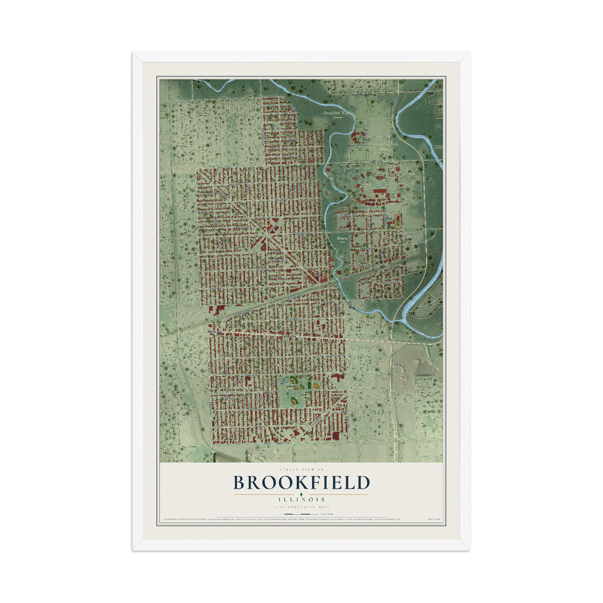 Map of Brookfield, Illinois, 12 x 18 inch print in a white wood frame