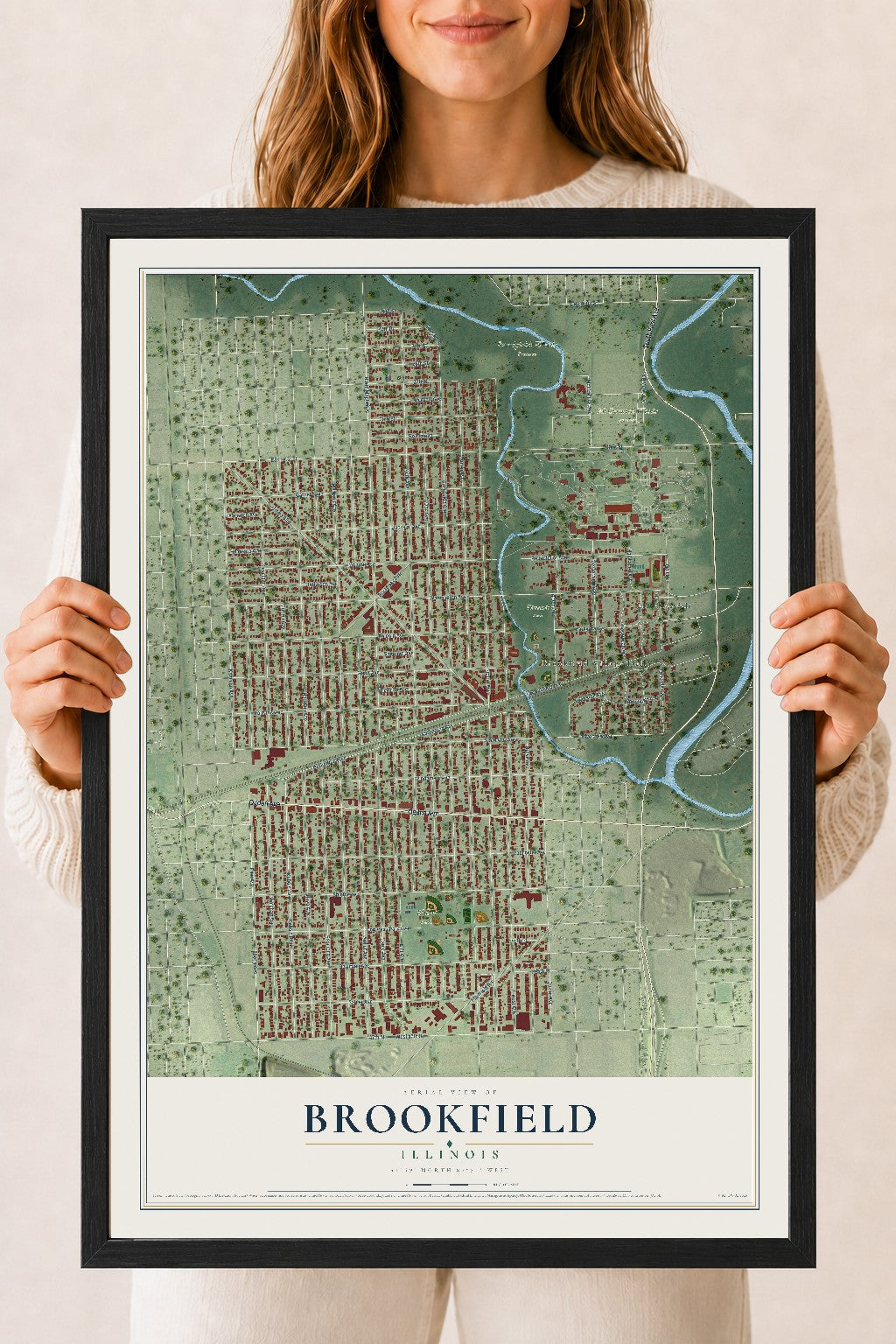 Map of Brookfield, Illinois, 18 x 24 inch print in a black wood frame
