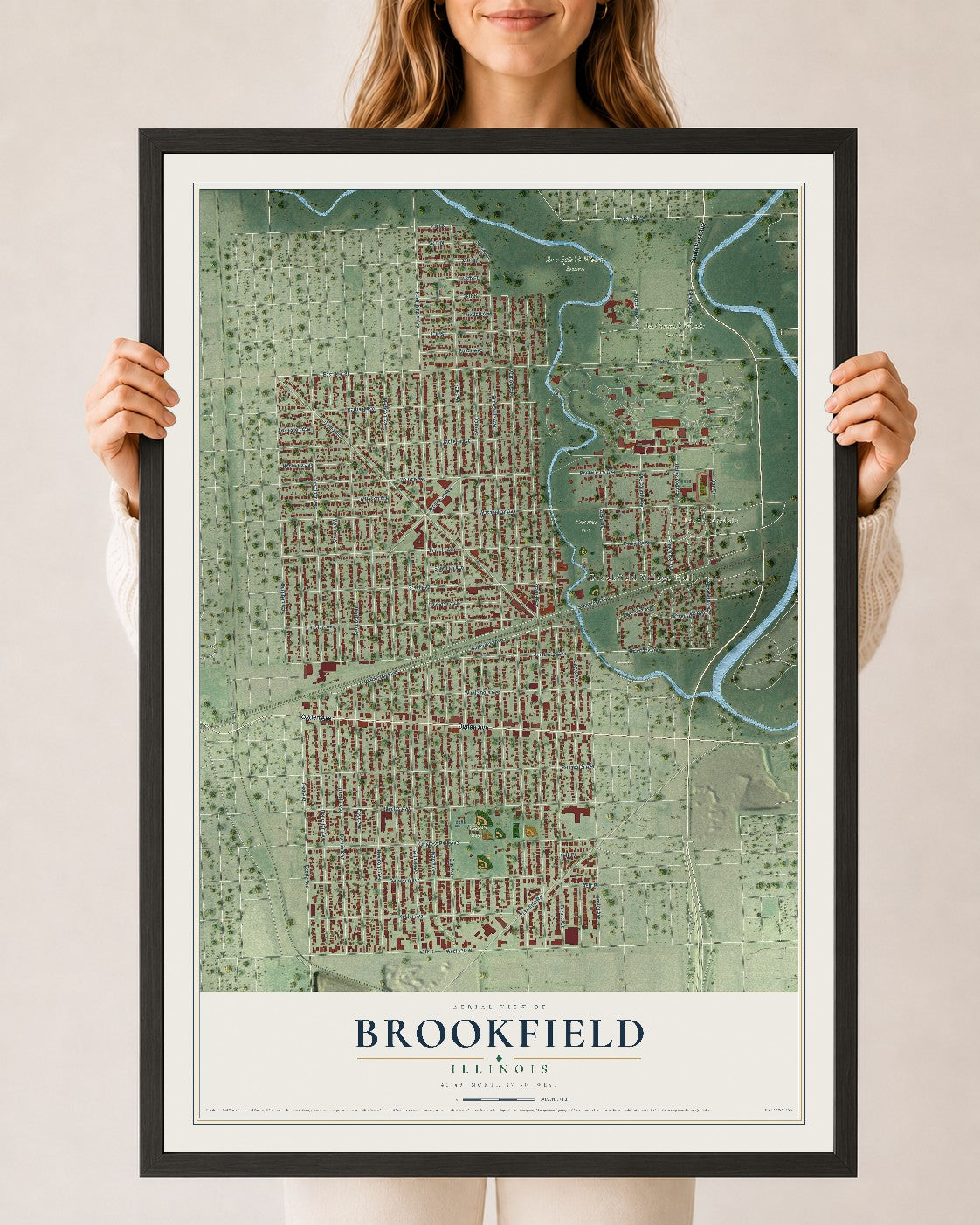 Map of Brookfield, Illinois, 24 x 36 inch print in a black wood frame