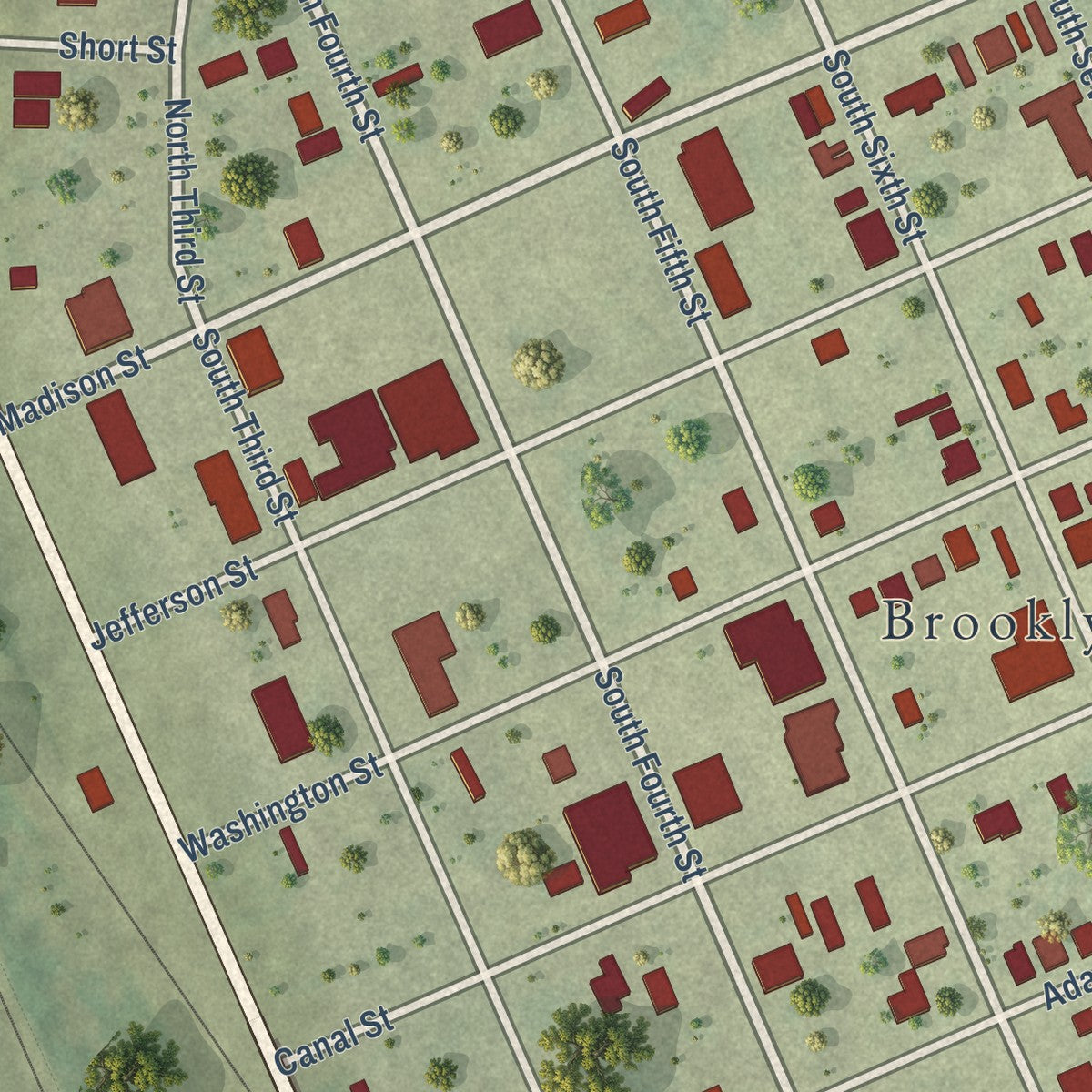 Close-up of the map of Brooklyn, Illinois print showing street and building detail