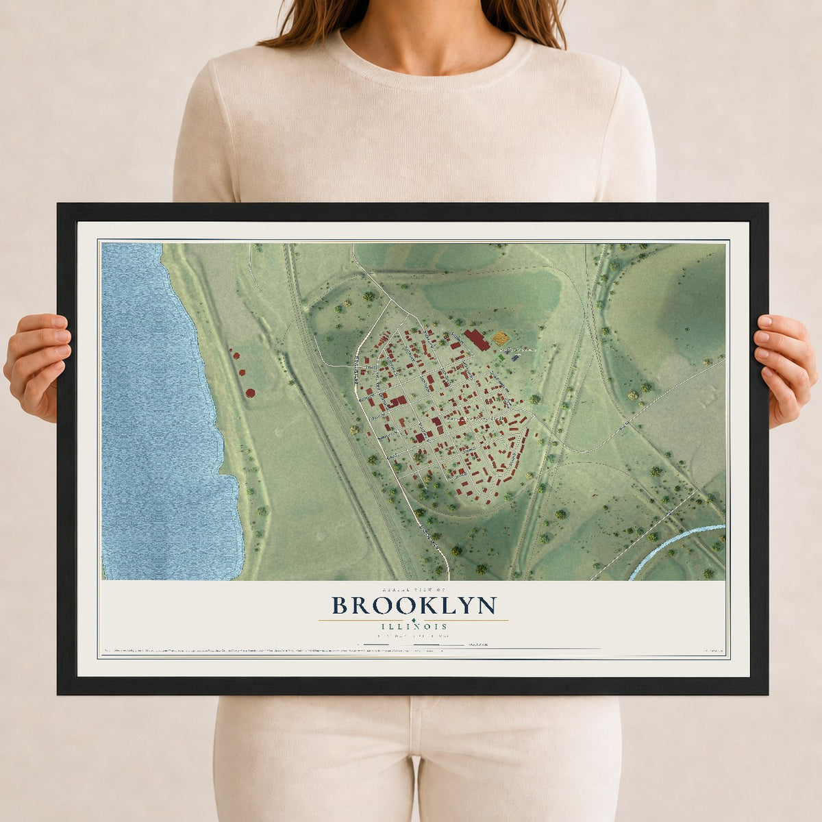 Map of Brooklyn, Illinois, 12 x 18 inch print in a black wood frame