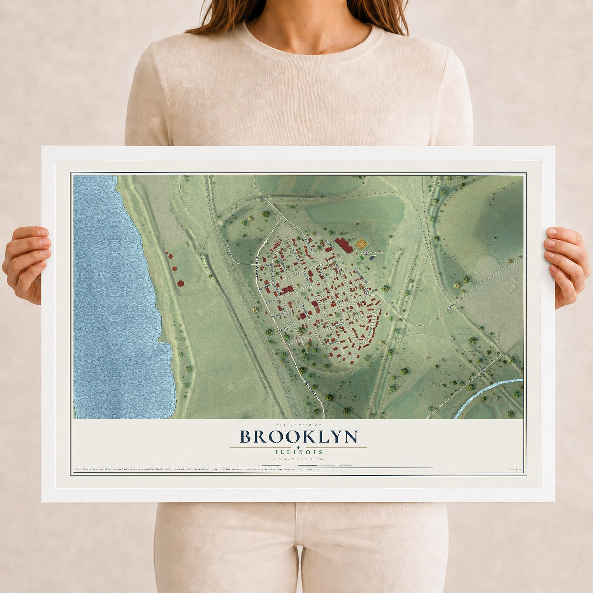 Map of Brooklyn, Illinois, 12 x 18 inch print in a white wood frame