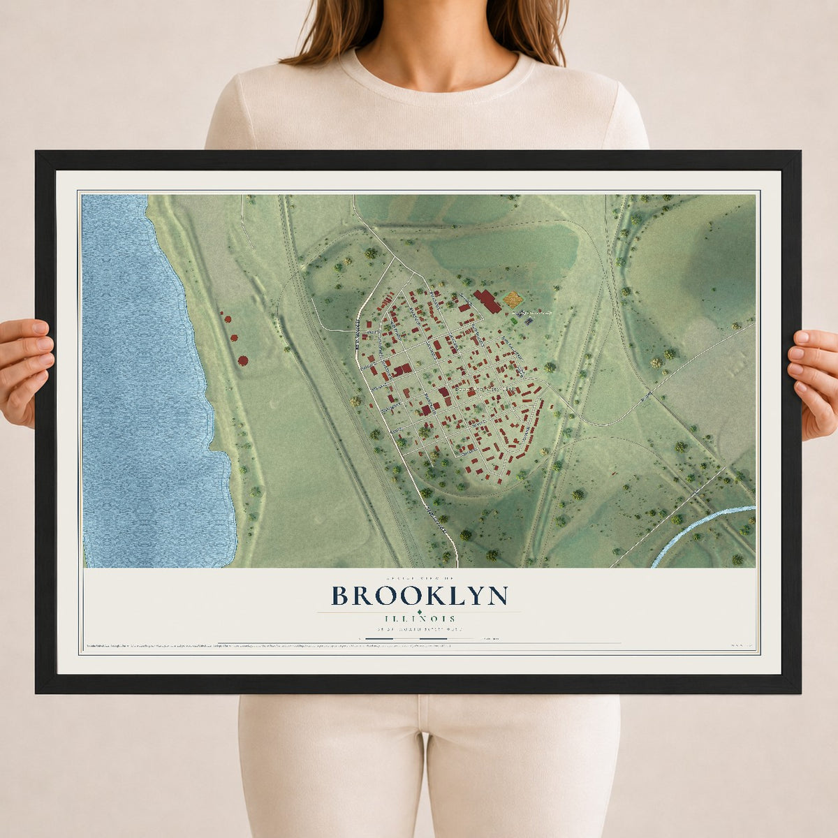 Map of Brooklyn, Illinois, 18 x 24 inch print in a black wood frame
