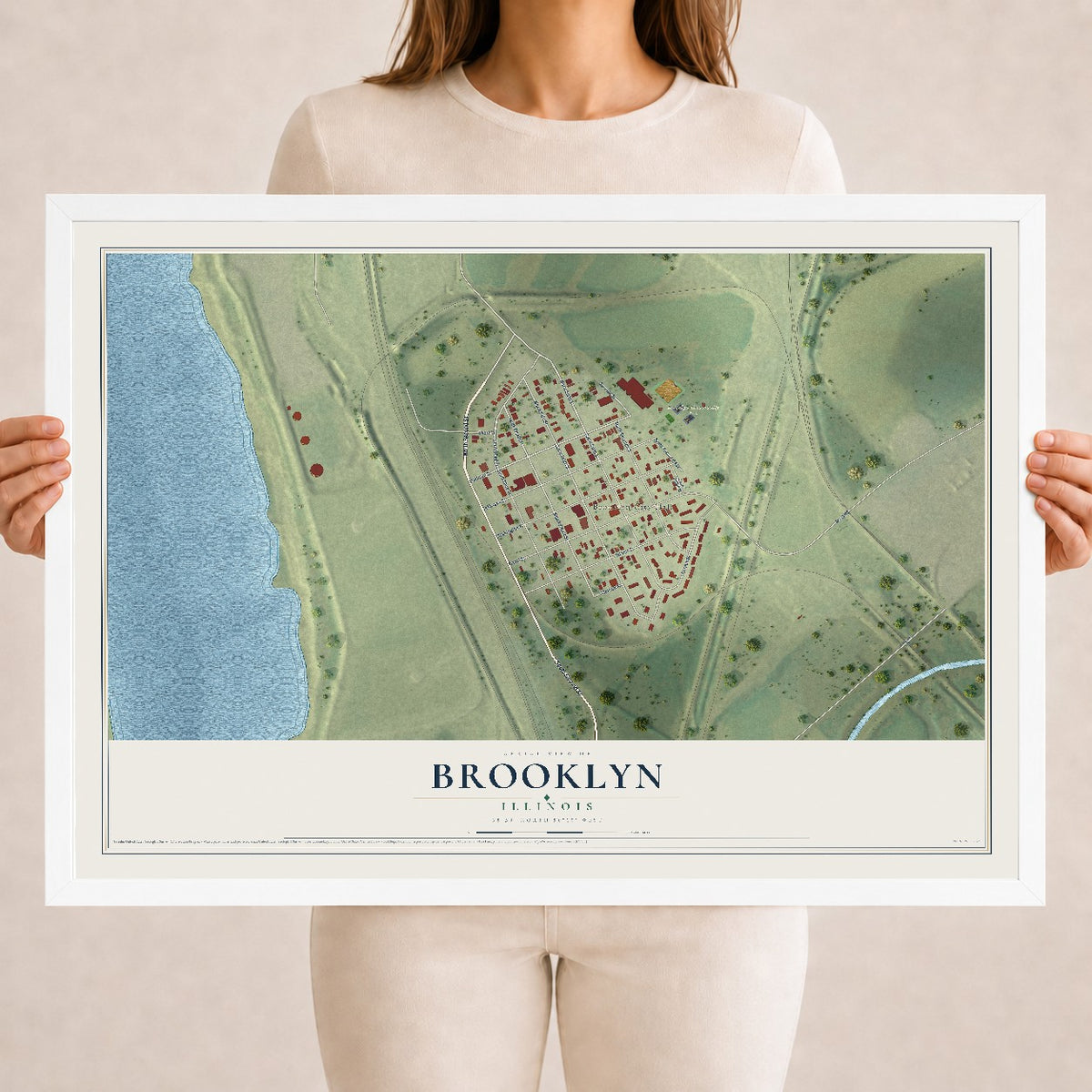 Map of Brooklyn, Illinois, 18 x 24 inch print in a white wood frame