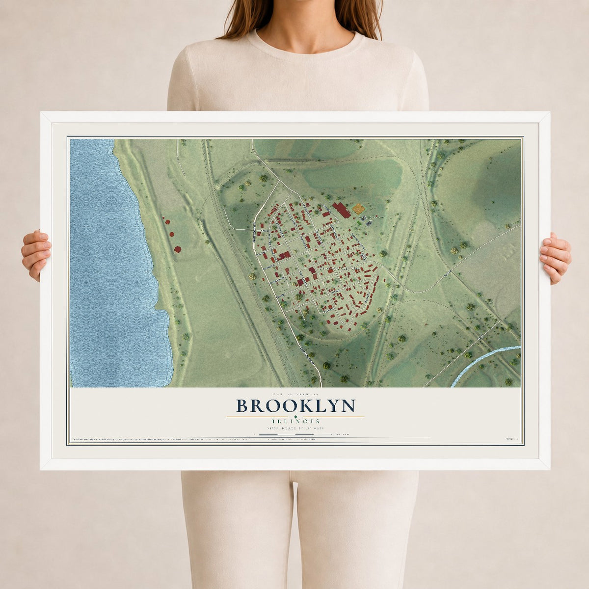 Map of Brooklyn, Illinois, 24 x 36 inch print in a white wood frame