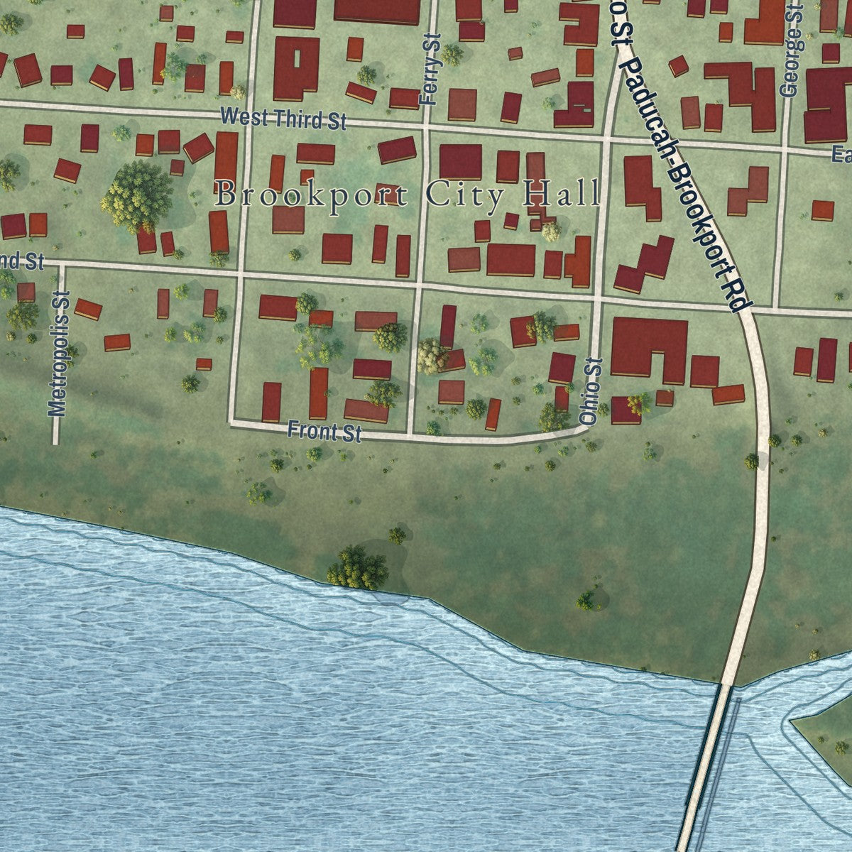 Close-up of the map of Brookport, Illinois print showing street and building detail