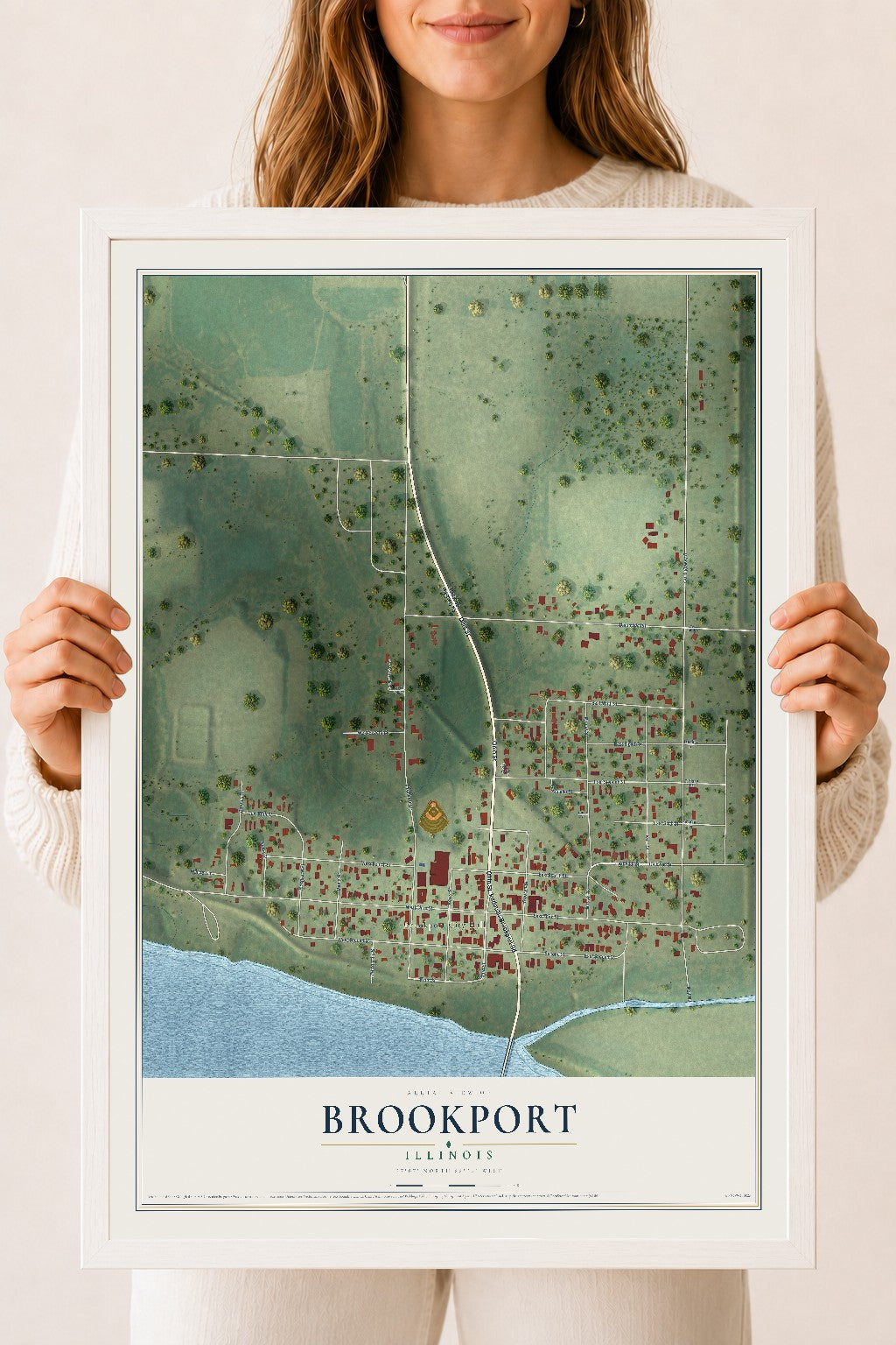 Map of Brookport, Illinois, 18 x 24 inch print in a white wood frame