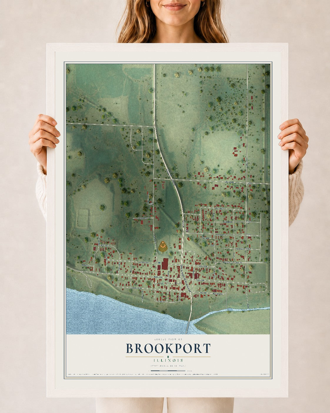 Map of Brookport, Illinois, 24 x 36 inch print in a white wood frame