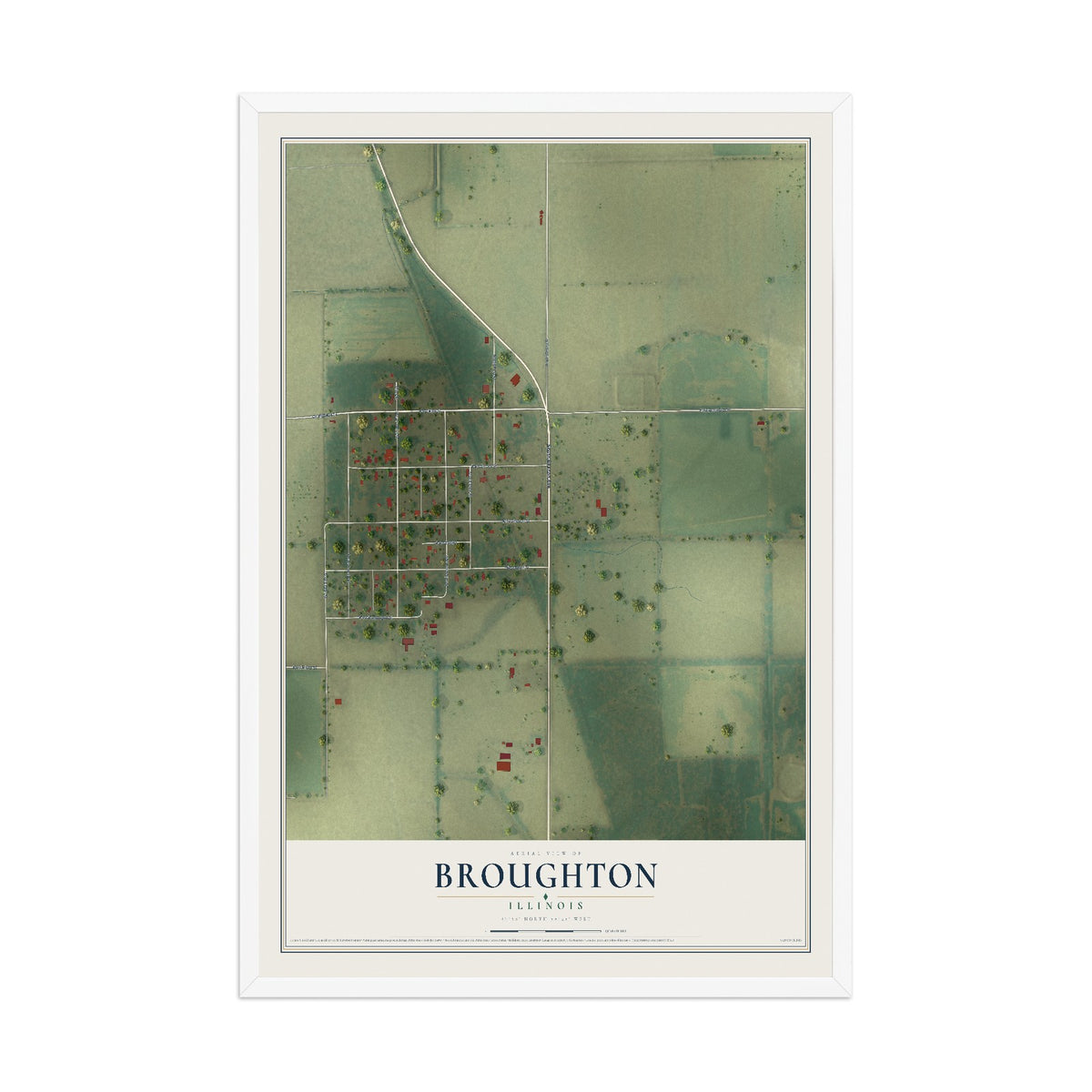 Map of Broughton, Illinois, 12 x 18 inch print in a white wood frame