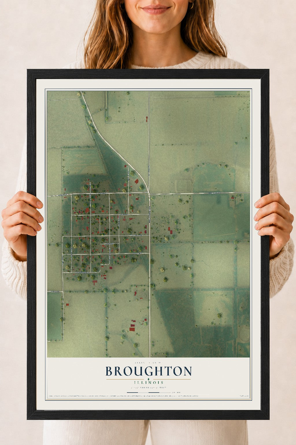 Map of Broughton, Illinois, 18 x 24 inch print in a black wood frame