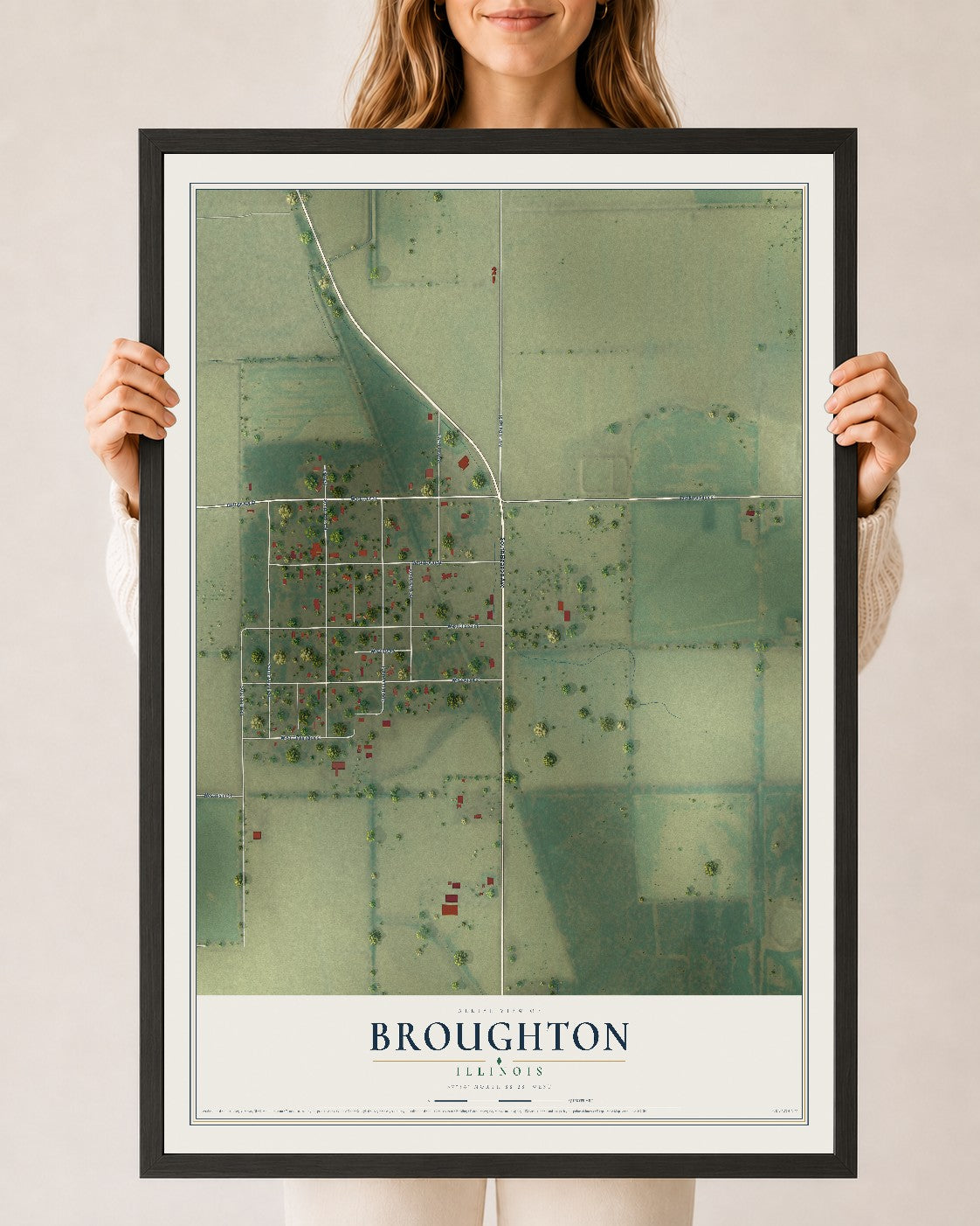 Map of Broughton, Illinois, 24 x 36 inch print in a black wood frame