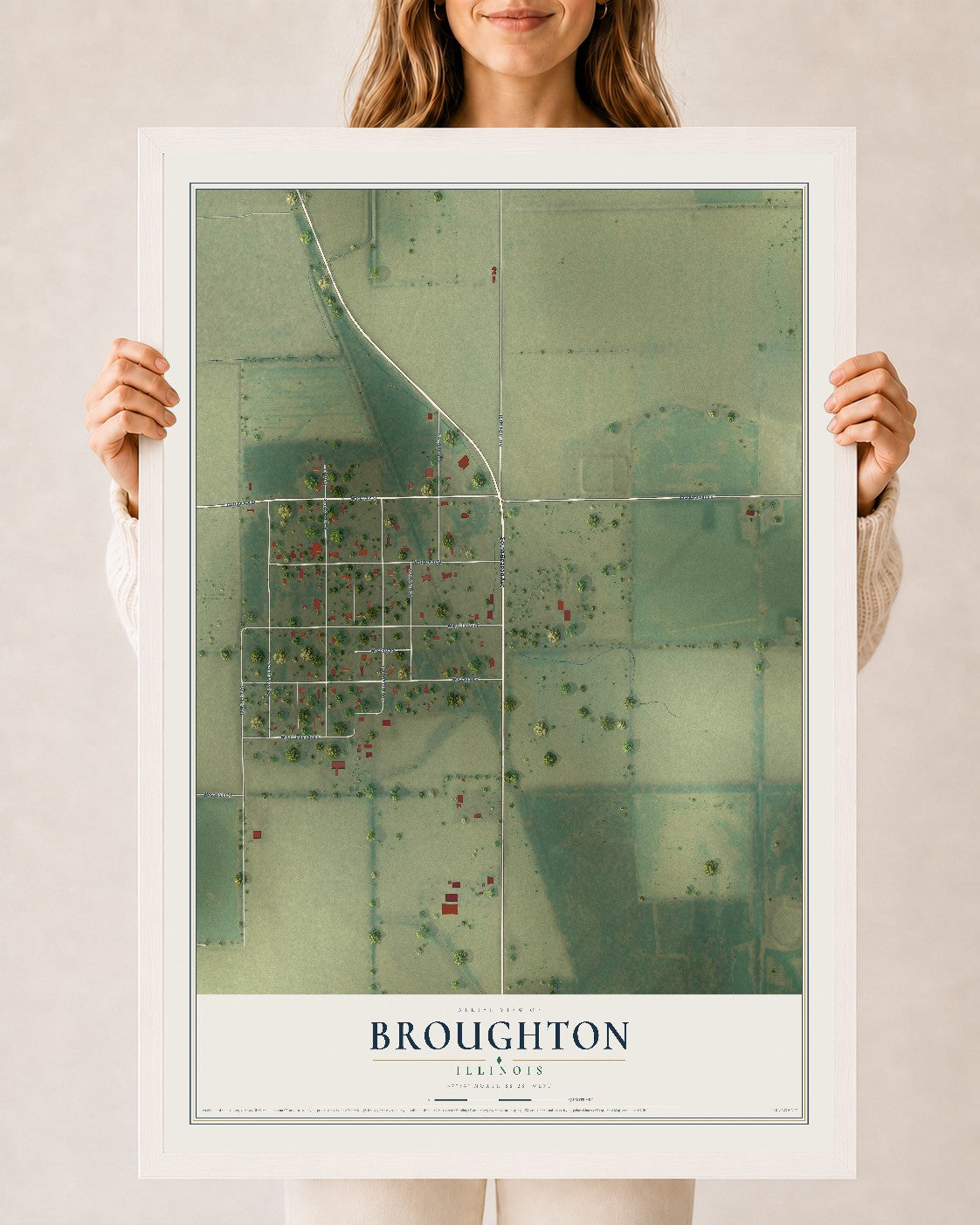 Map of Broughton, Illinois, 24 x 36 inch print in a white wood frame