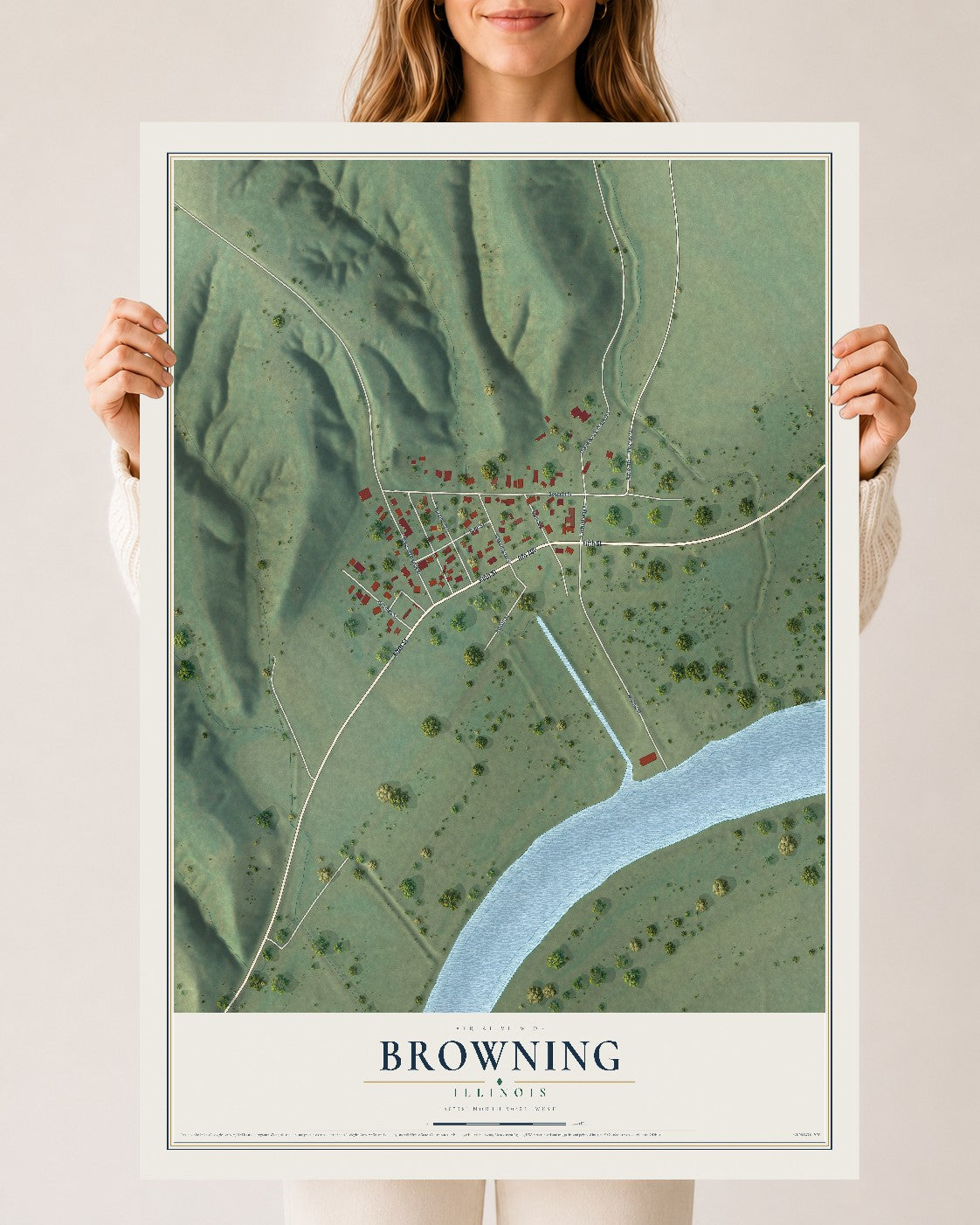 Map of Browning, Illinois, 24 x 36 inch unframed archival matte print
