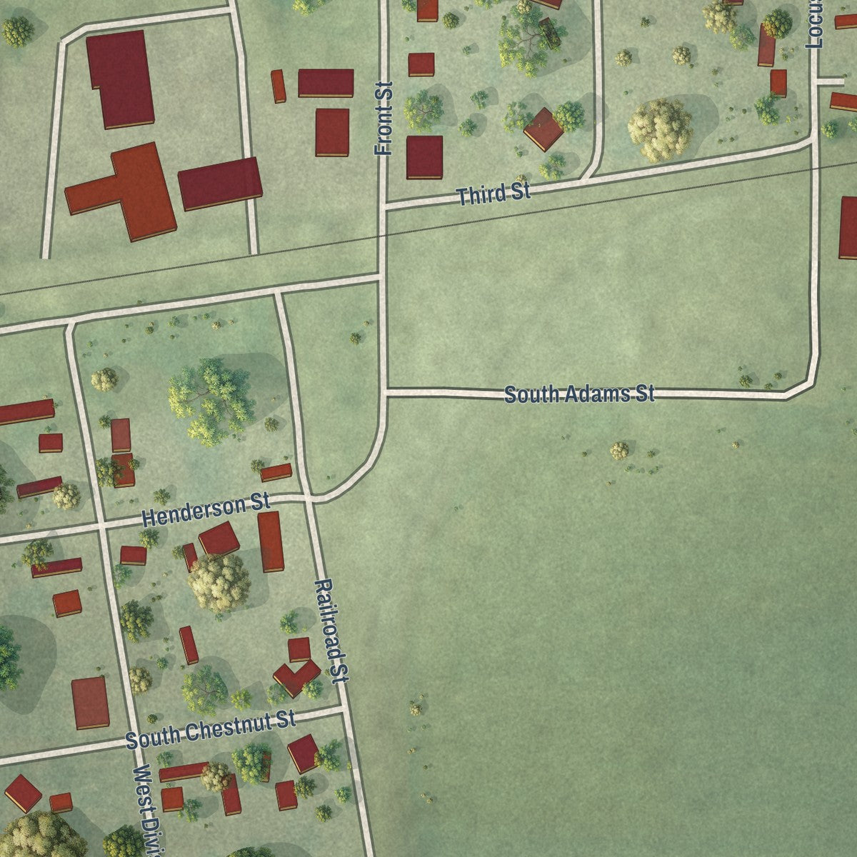 Close-up of the map of Browns, Illinois print showing street and building detail