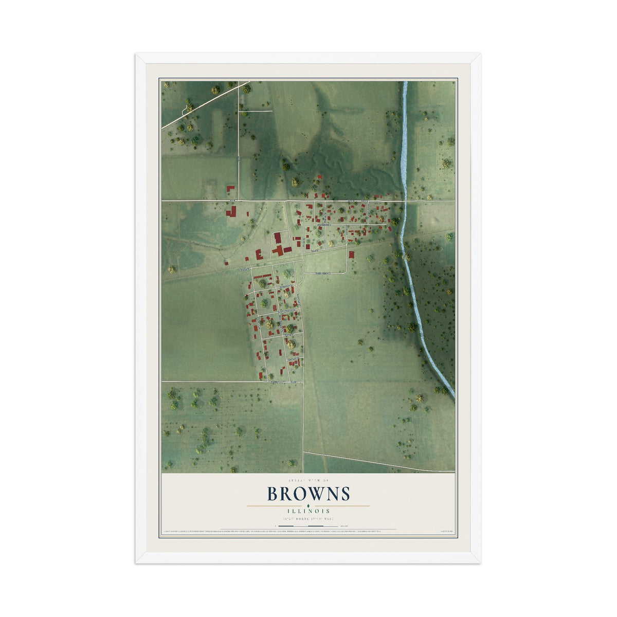 Map of Browns, Illinois, 12 x 18 inch print in a white wood frame