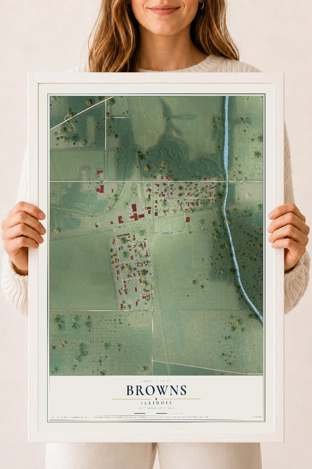 Map of Browns, Illinois, 18 x 24 inch print in a white wood frame