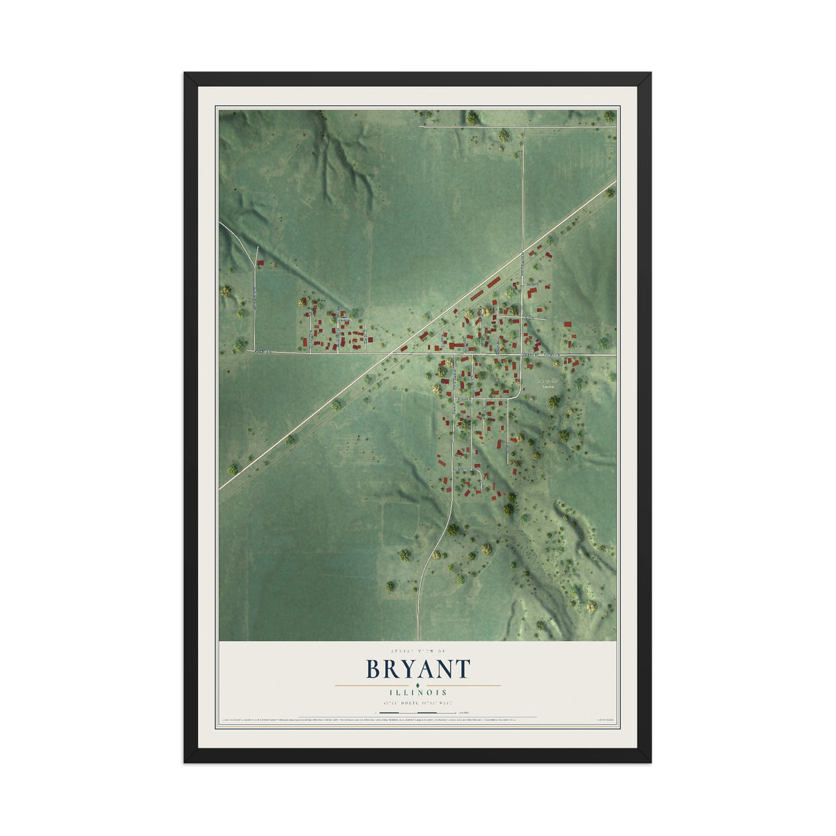 Map of Bryant, Illinois, 12 x 18 inch print in a black wood frame