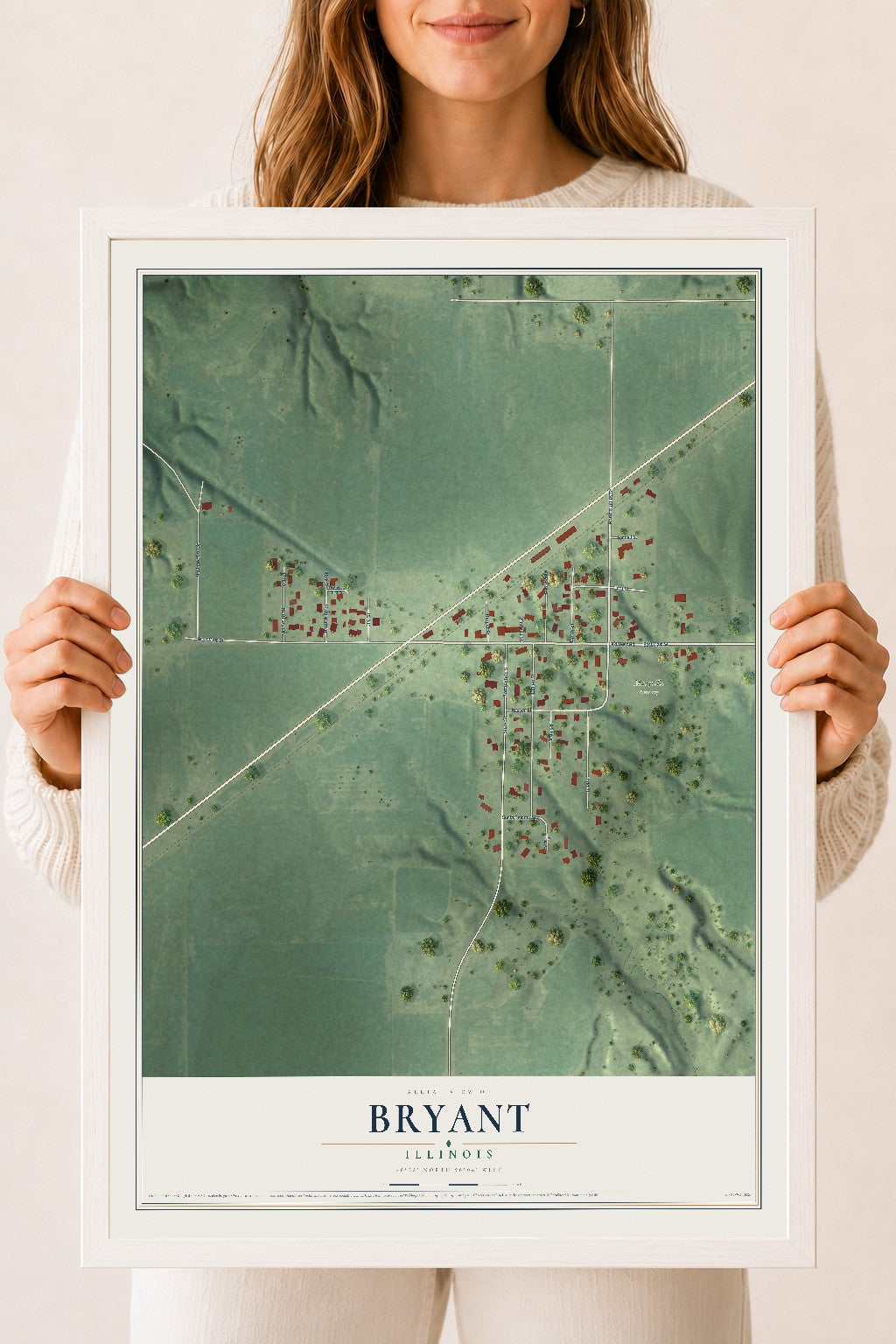 Map of Bryant, Illinois, 18 x 24 inch print in a white wood frame