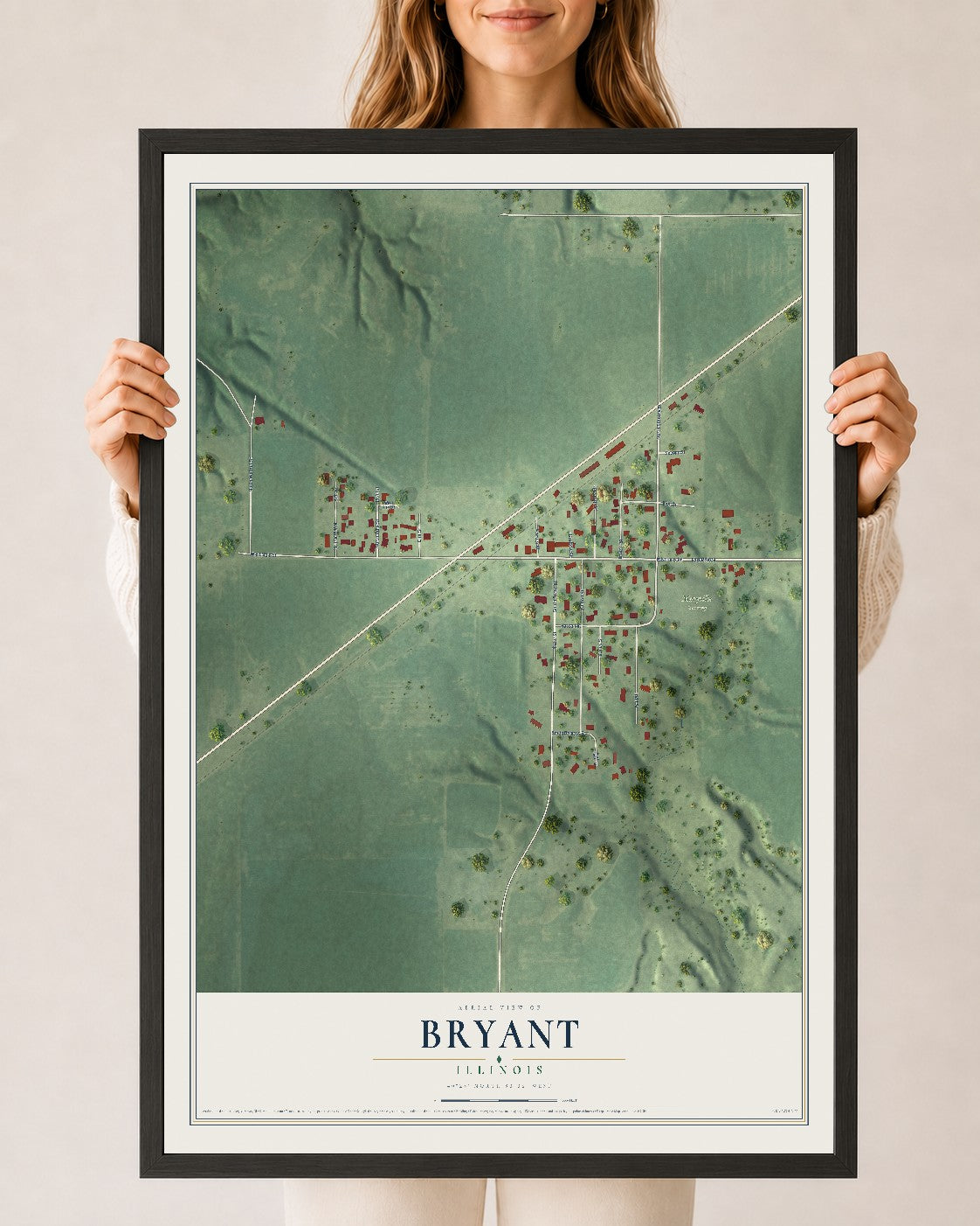 Map of Bryant, Illinois, 24 x 36 inch print in a black wood frame