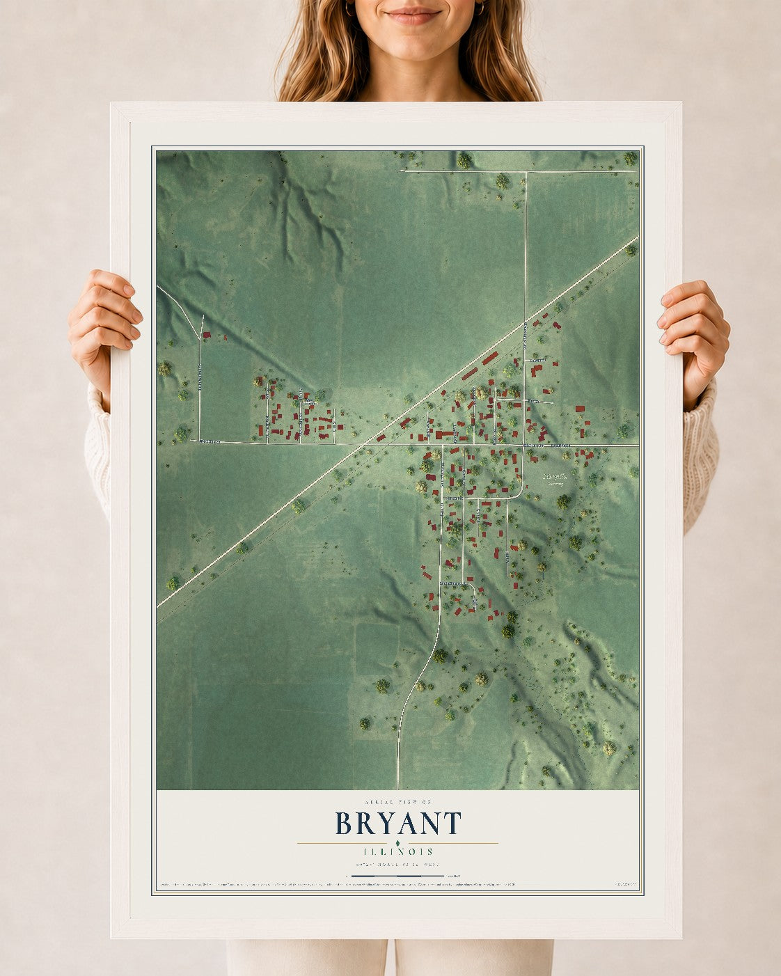 Map of Bryant, Illinois, 24 x 36 inch print in a white wood frame