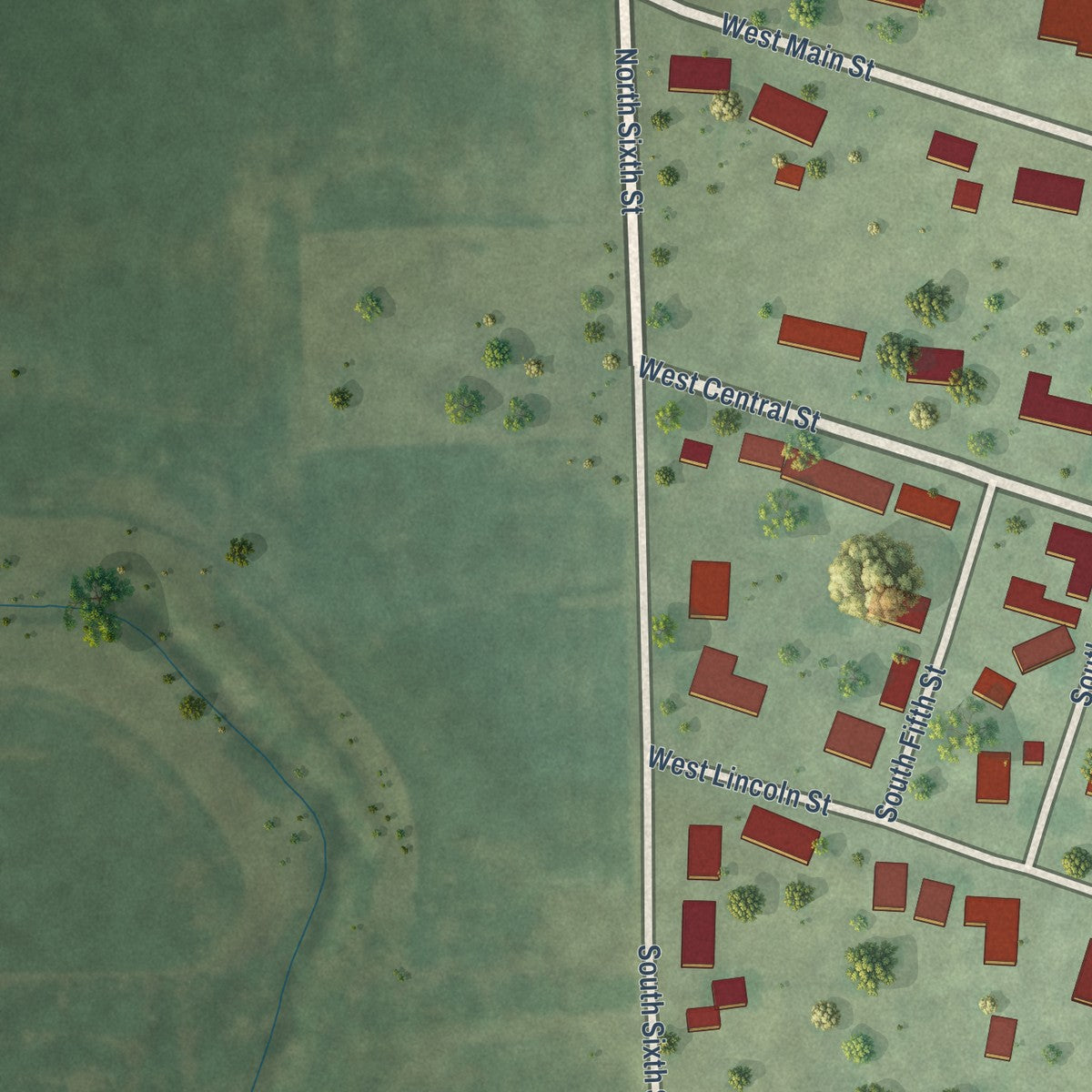 Second close-up of the map of Buckley, Illinois print showing more streets and buildings