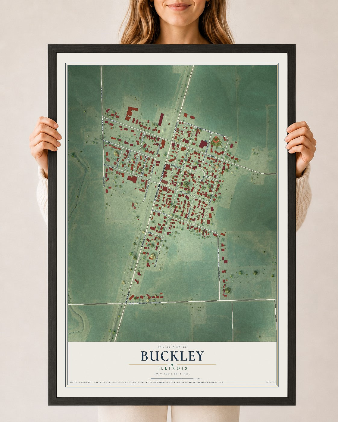 Map of Buckley, Illinois, 24 x 36 inch print in a black wood frame