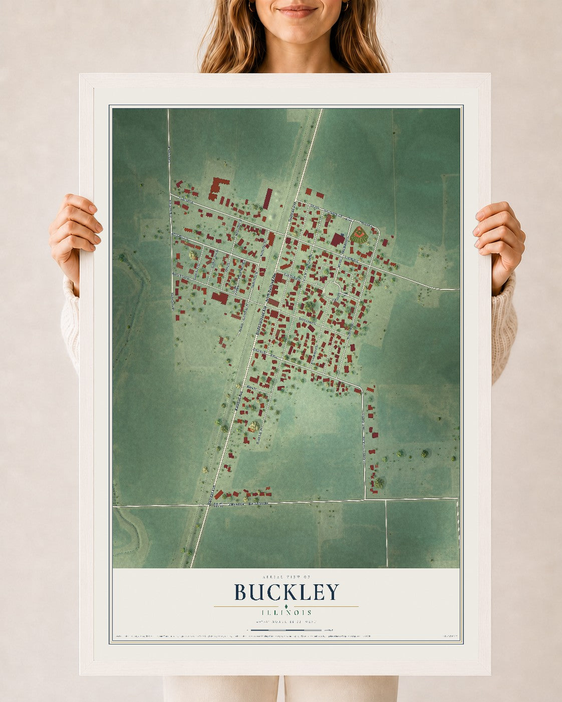 Map of Buckley, Illinois, 24 x 36 inch print in a white wood frame