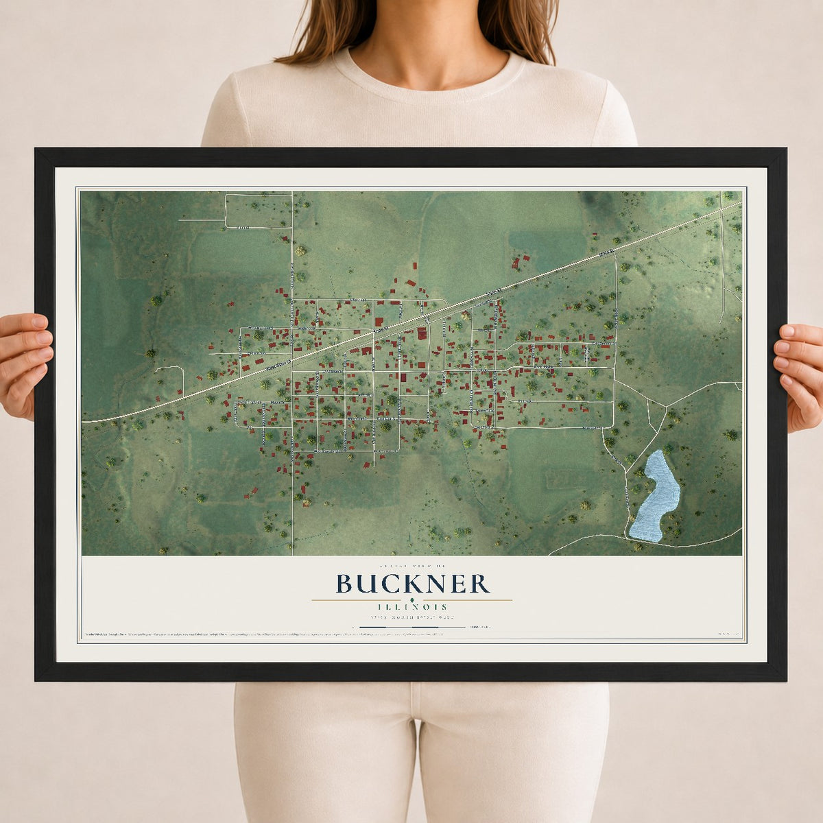 Map of Buckner, Illinois, 18 x 24 inch print in a black wood frame