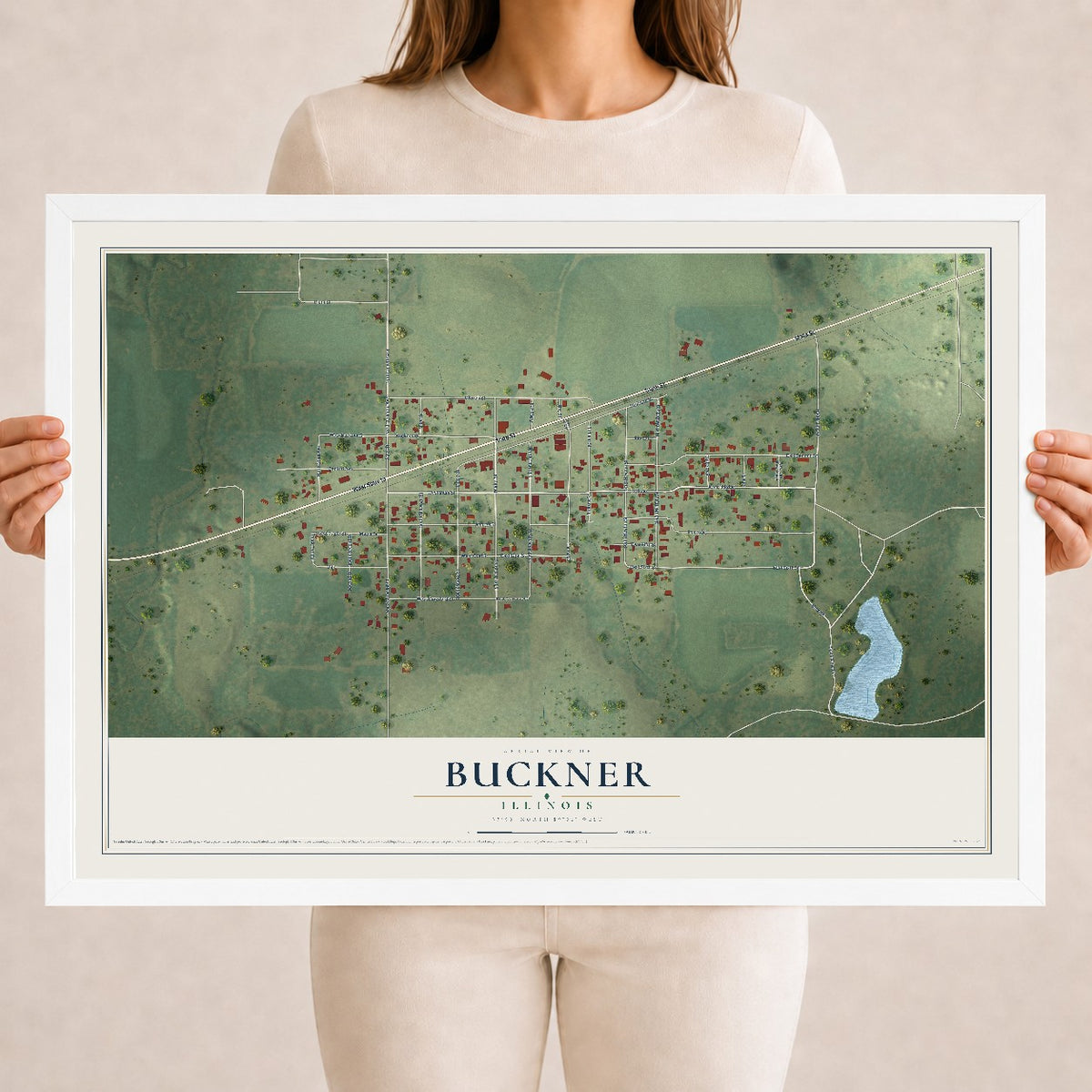 Map of Buckner, Illinois, 18 x 24 inch print in a white wood frame
