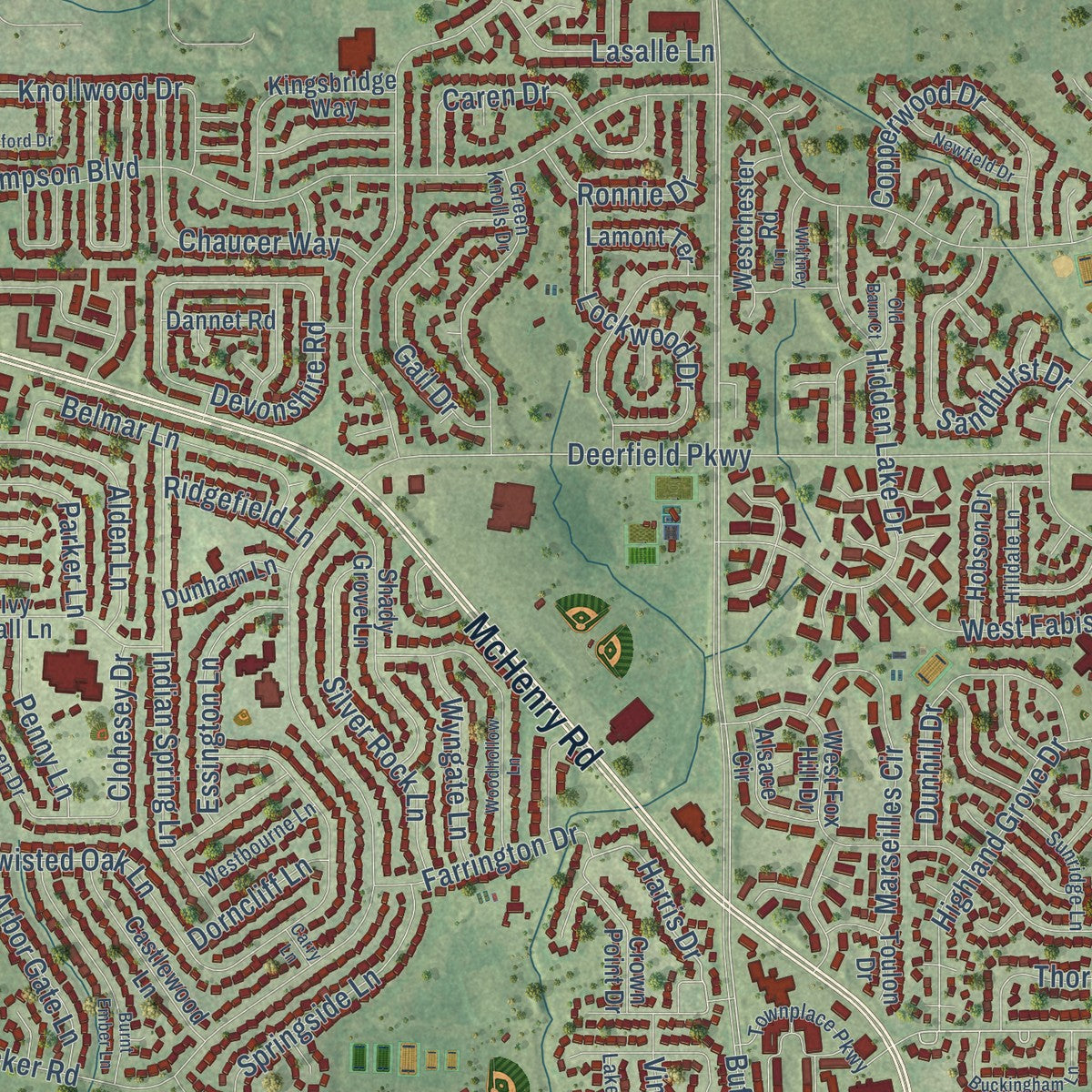 Close-up of the map of Buffalo Grove, Illinois print showing street and building detail