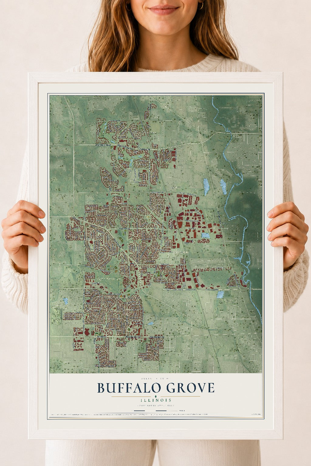 Map of Buffalo Grove, Illinois, 18 x 24 inch print in a white wood frame