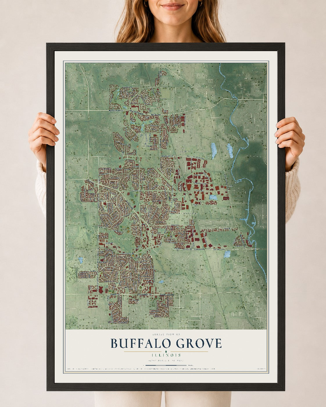 Map of Buffalo Grove, Illinois, 24 x 36 inch print in a black wood frame