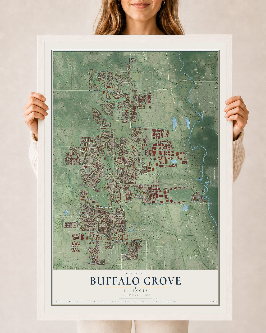 Map of Buffalo Grove, Illinois, 24 x 36 inch print in a white wood frame