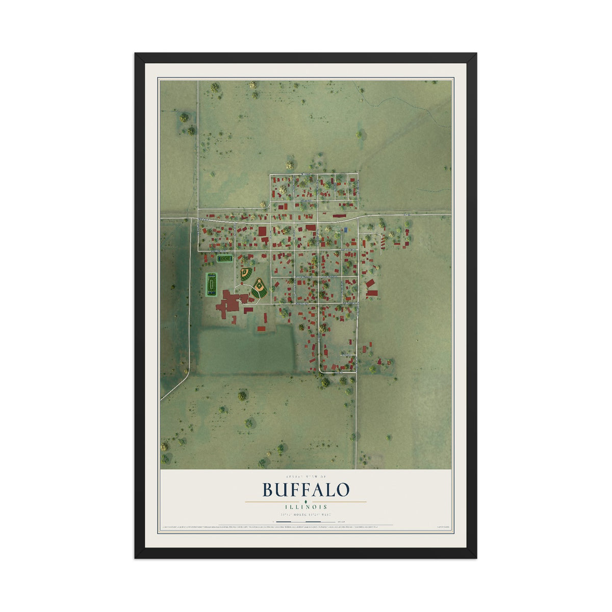 Map of Buffalo, Illinois, 12 x 18 inch print in a black wood frame