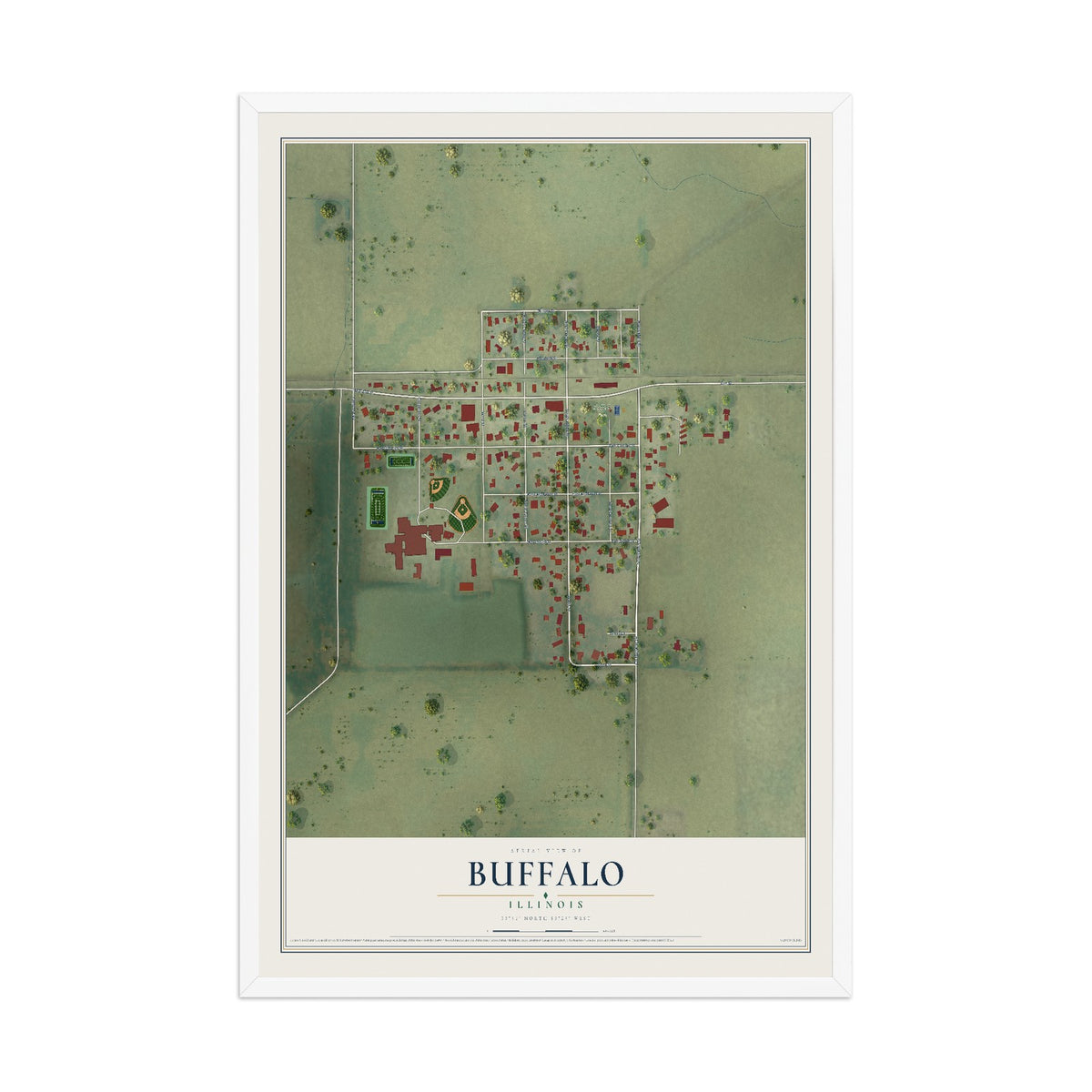 Map of Buffalo, Illinois, 12 x 18 inch print in a white wood frame