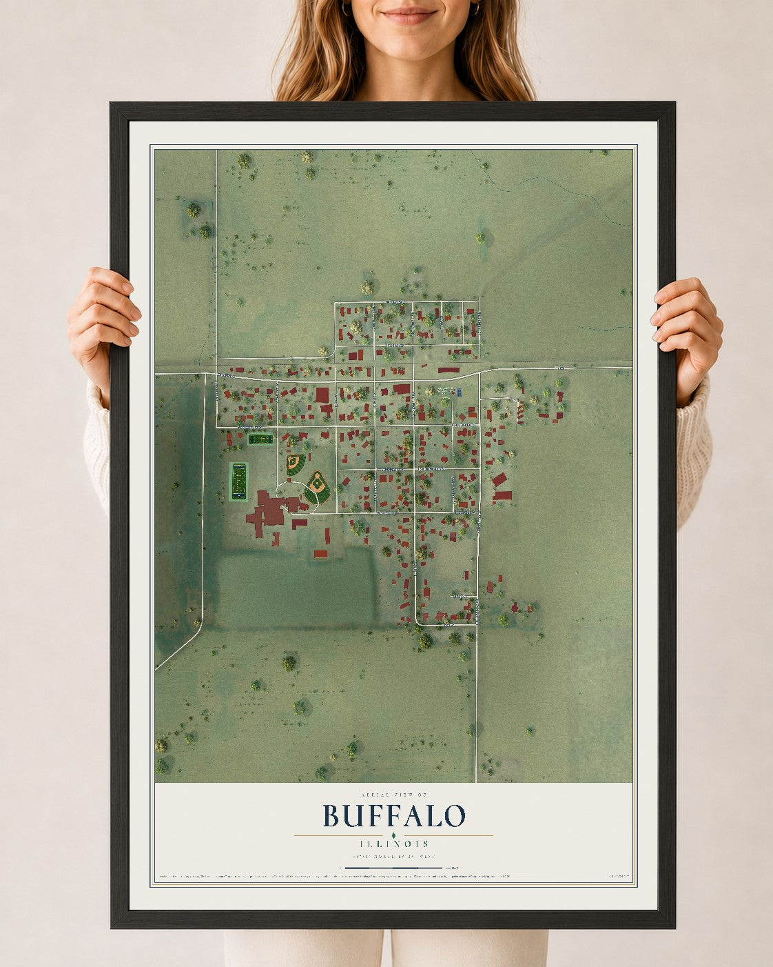 Map of Buffalo, Illinois, 24 x 36 inch print in a black wood frame