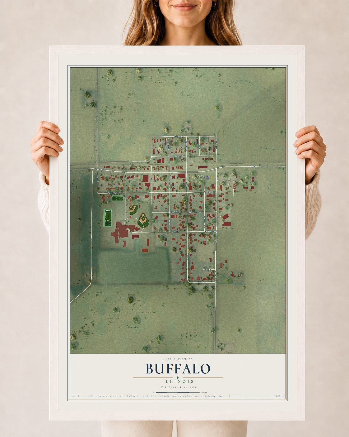 Map of Buffalo, Illinois, 24 x 36 inch print in a white wood frame