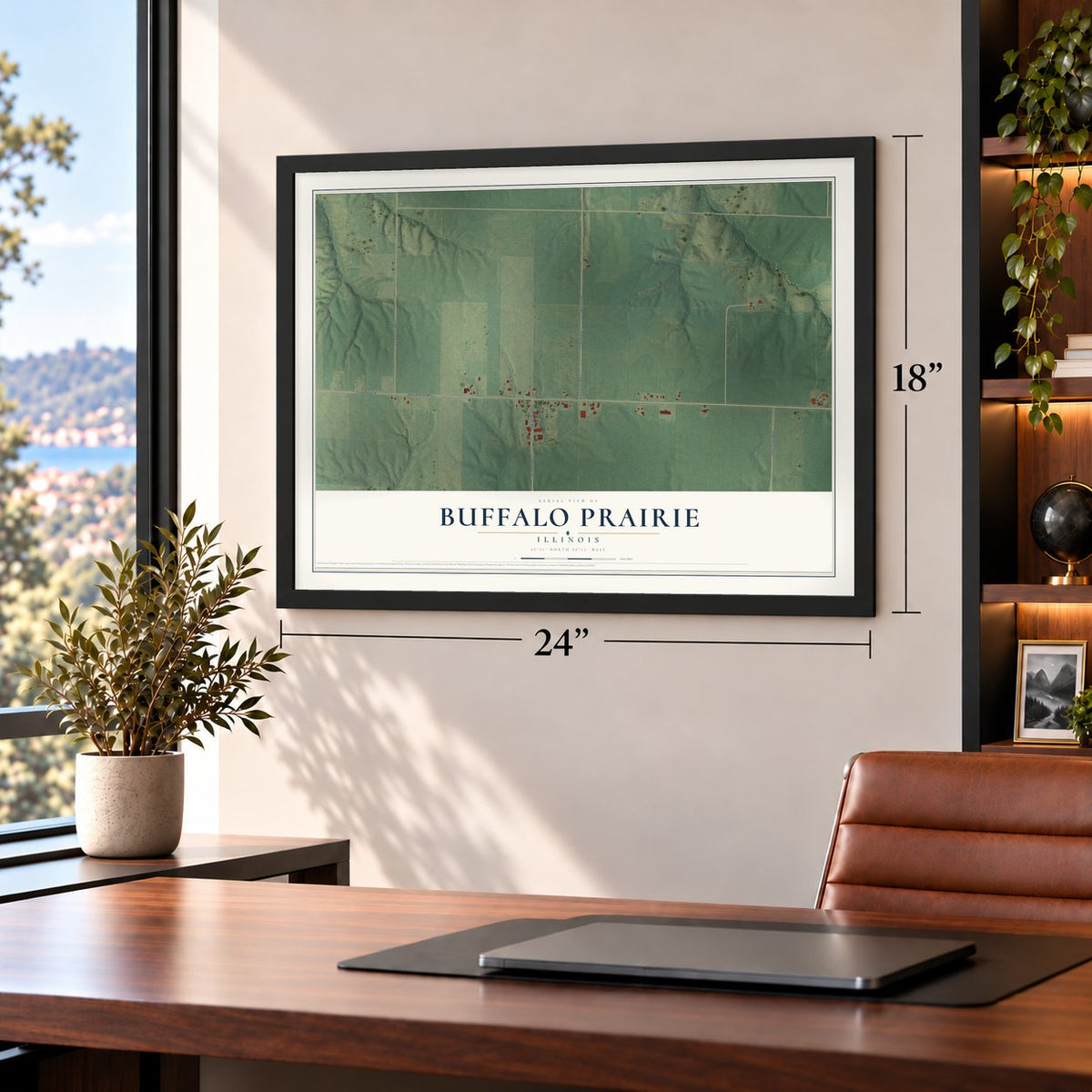 Buffalo Prairie, Illinois map, 18 x 24 inch print in a black frame in a home office