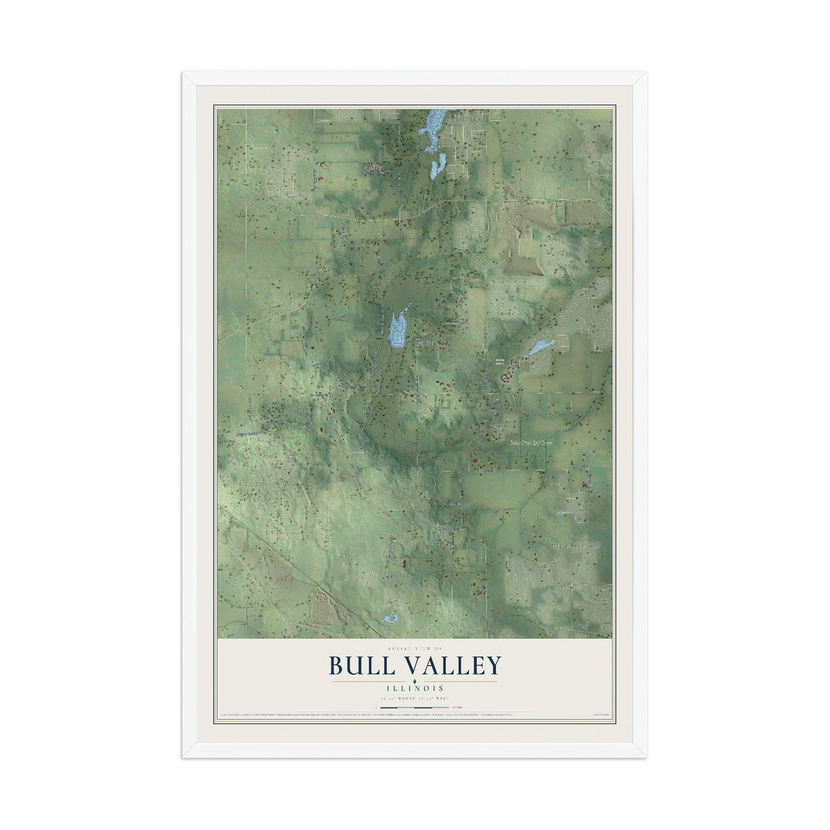 Map of Bull Valley, Illinois, 12 x 18 inch print in a white wood frame