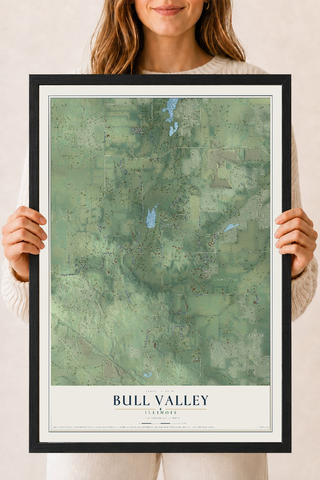 Map of Bull Valley, Illinois, 18 x 24 inch print in a black wood frame