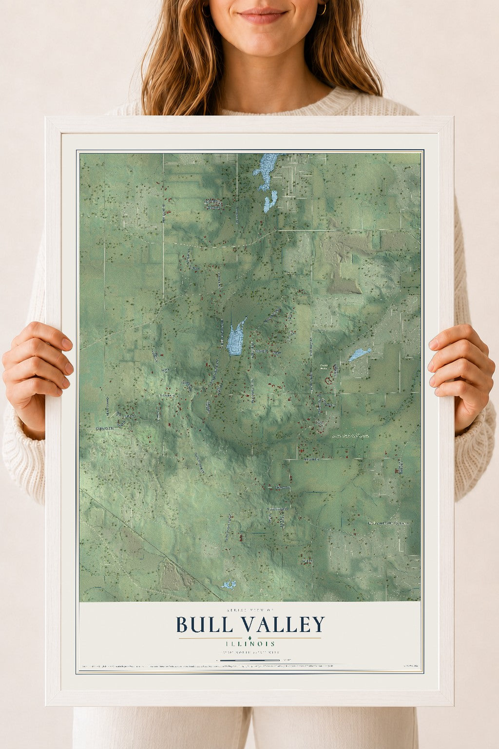 Map of Bull Valley, Illinois, 18 x 24 inch print in a white wood frame
