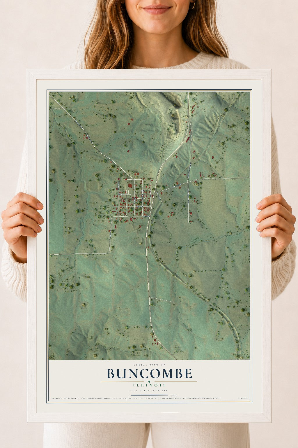 Map of Buncombe, Illinois, 18 x 24 inch print in a white wood frame