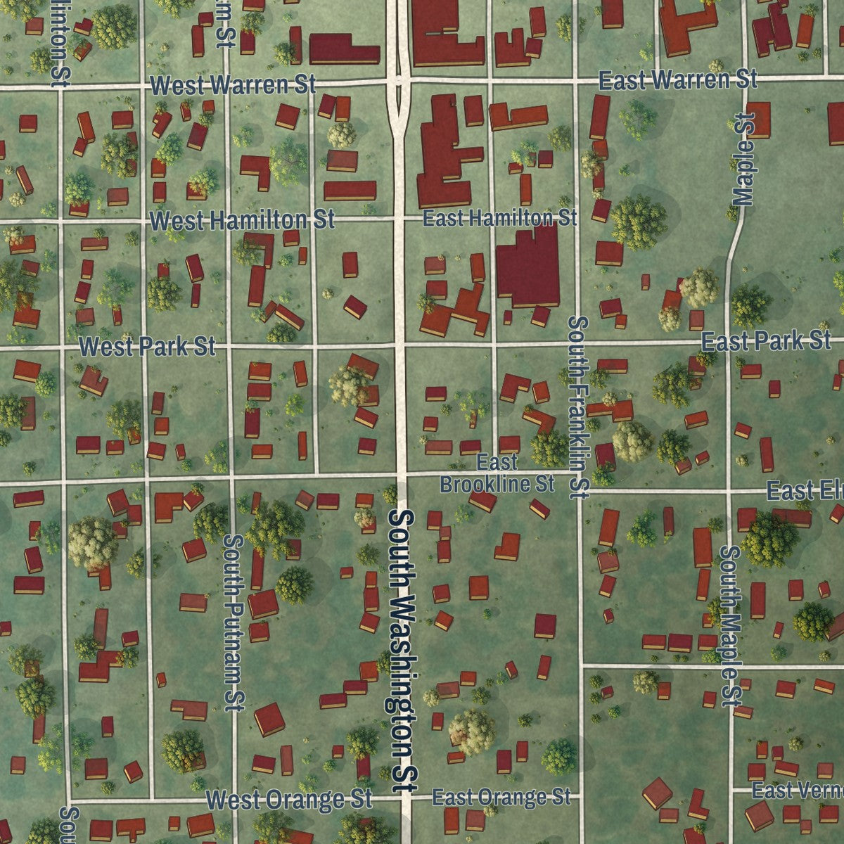 Close-up of the map of Bunker Hill, Illinois print showing street and building detail