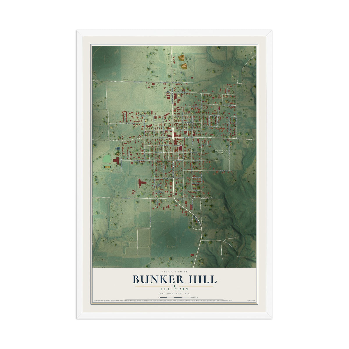 Map of Bunker Hill, Illinois, 12 x 18 inch print in a white wood frame