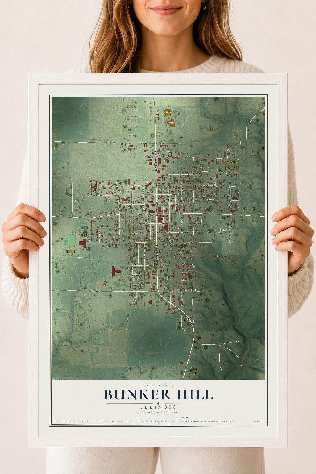 Map of Bunker Hill, Illinois, 18 x 24 inch print in a white wood frame