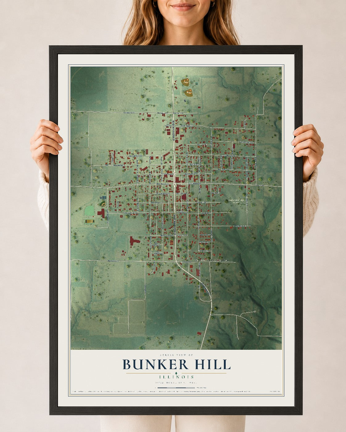 Map of Bunker Hill, Illinois, 24 x 36 inch print in a black wood frame